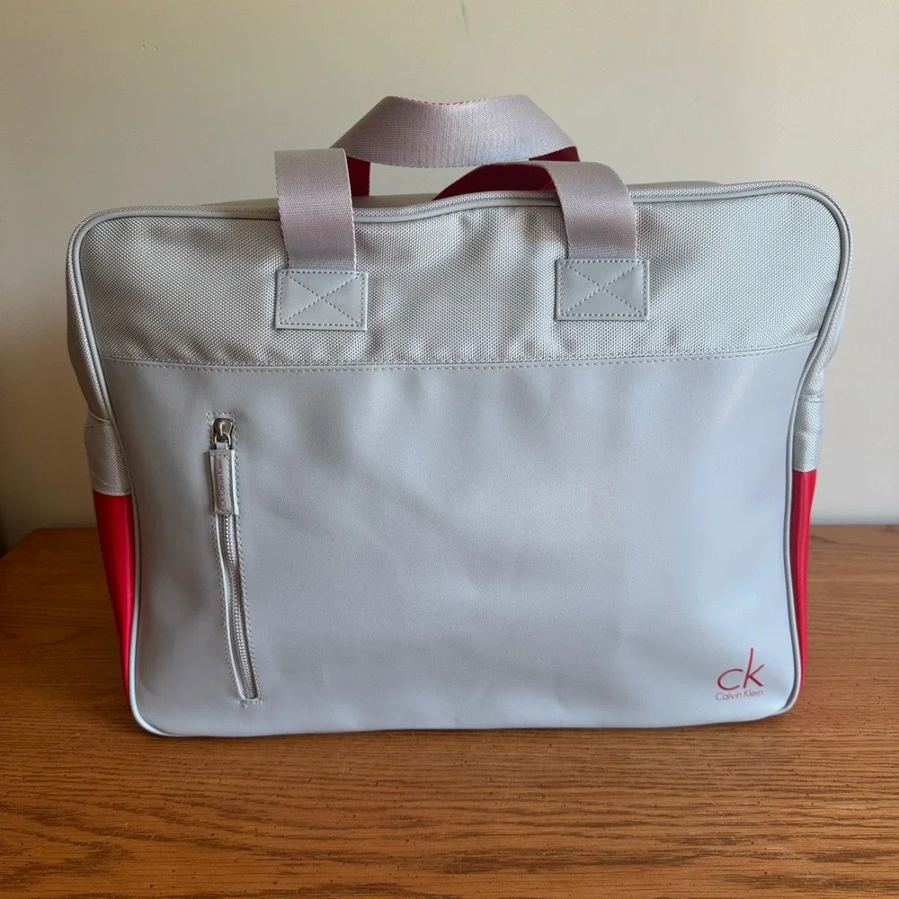 Calvin Klein CK Grey and Red Colorblock Duffel Travel Bag with Shoulder Strap